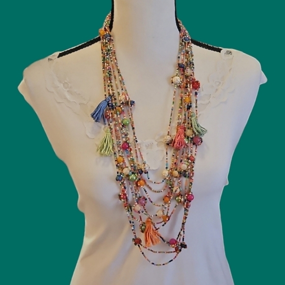 CHICO'S Hagen 9 Rainbow Beaded Tassel Multi-strand Boho Fiesta Necklace - Picture 1 of 9